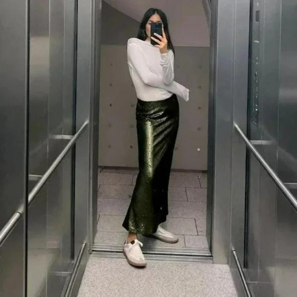 ZARA SEQUIN MIDI SKIRT GREEN