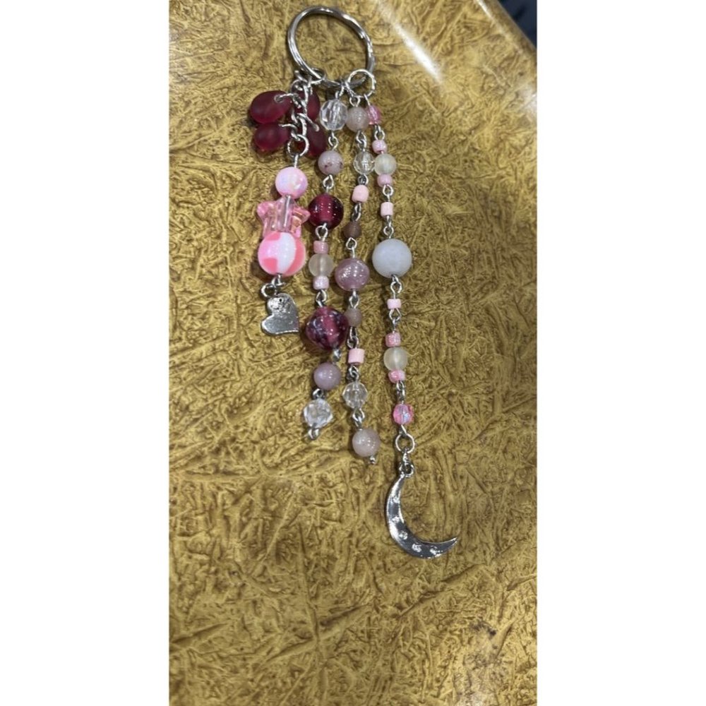 Pink Moon Beaded Bag Charm/Keychain w/ Rose Quartz | Sterling Silver - Picture 5 of 5