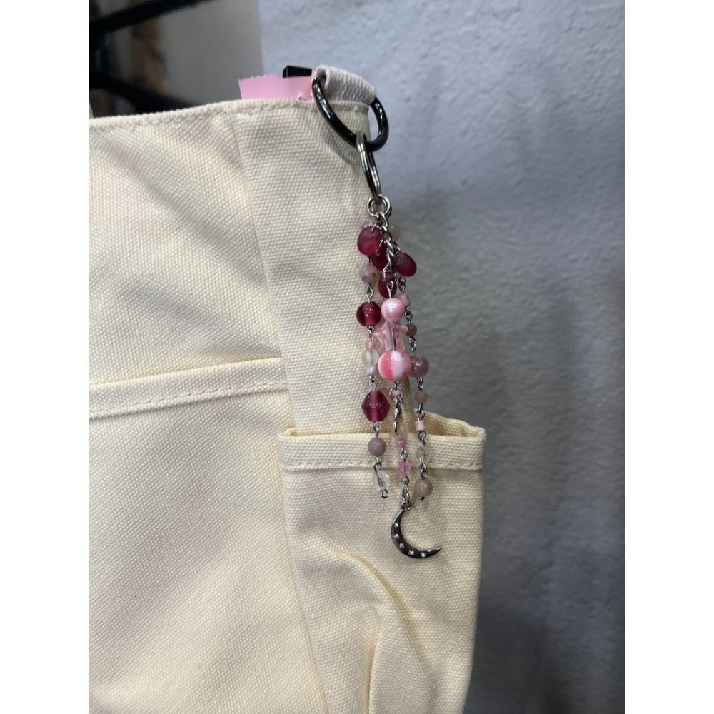 Pink Moon Beaded Bag Charm/Keychain w/ Rose Quartz | Sterling Silver - Picture 2 of 5