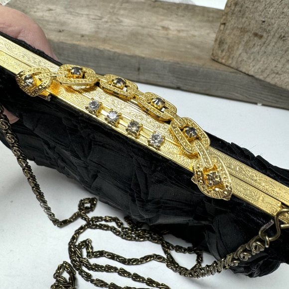 N/A Handbags - Elegant Black Fabric & Rhinestone Evening Purse w/ Chain