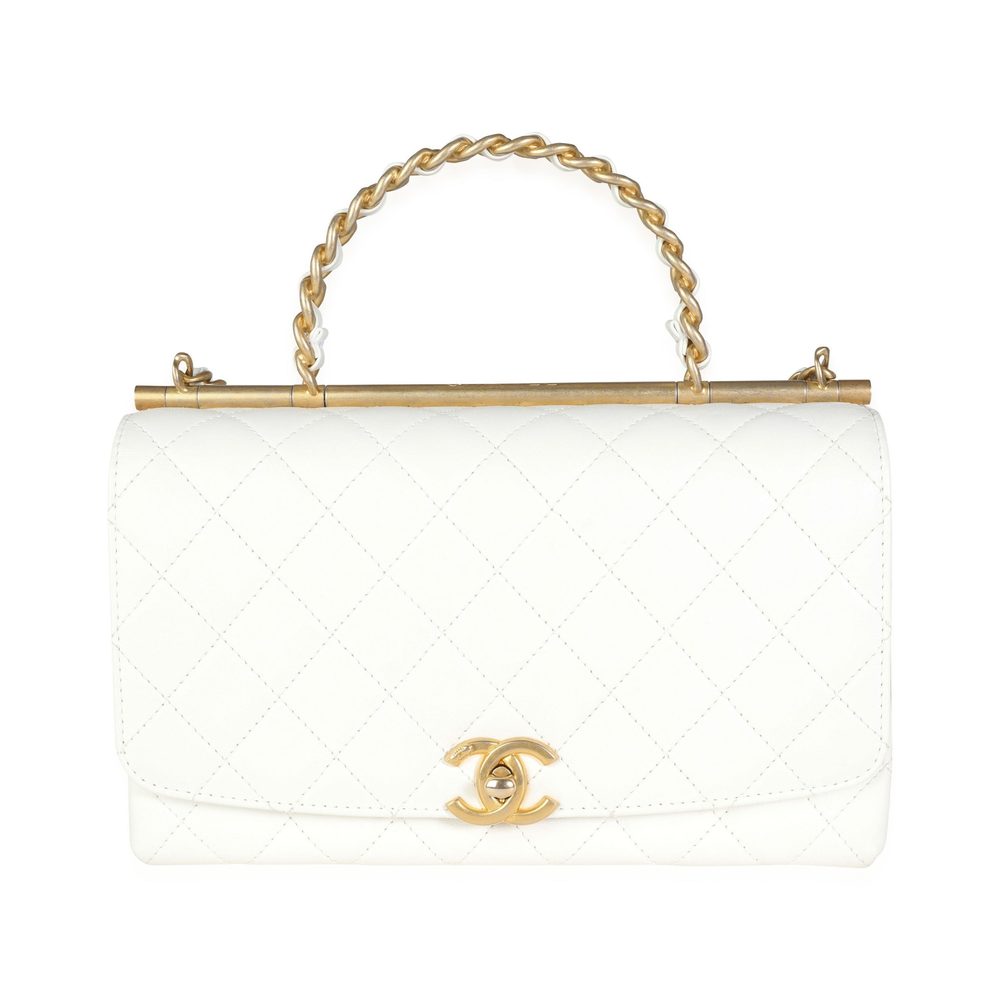 Chanel White Quilted Calfskin Chain Top Handle Flap Bag