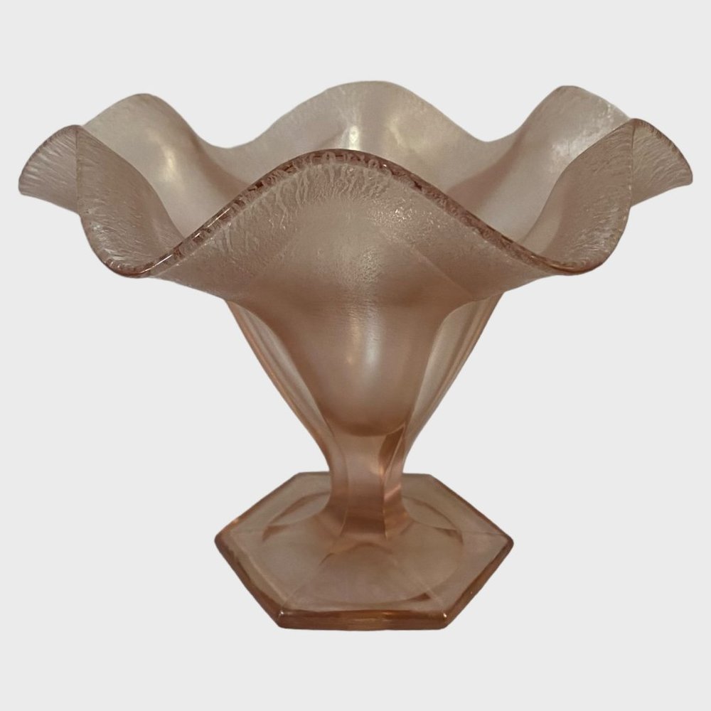 Vintage Fenton Art Deco Pink Velva Stretch Carnival Glass Ruffled Compote 6.5''