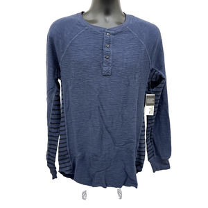 NWT Men’s Sz L MILLS SUPPLY 3 Button Henley Shirt. Mood Indigo. Striped Sides.