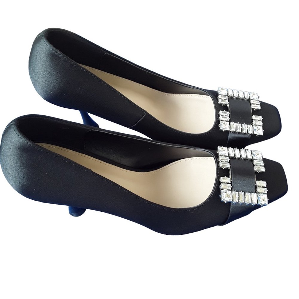 Women's Black Satin Pumps Square Toe 4" Stiletto High Heel Shoes Size 10 New!