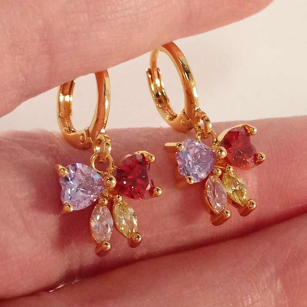18K Yellow Gold Filled Heart Bow Knot Colorful Diamond Zircon Dangle Earrings