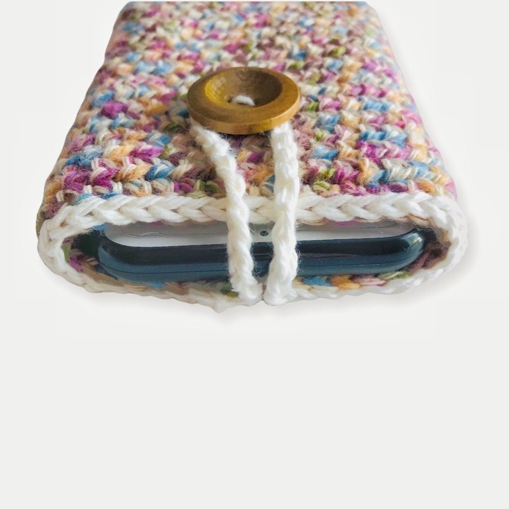 Hand Crafted Crochet iPhone Cover Multi Color Button Size iPhone 13 Pro - Picture 9 of 15