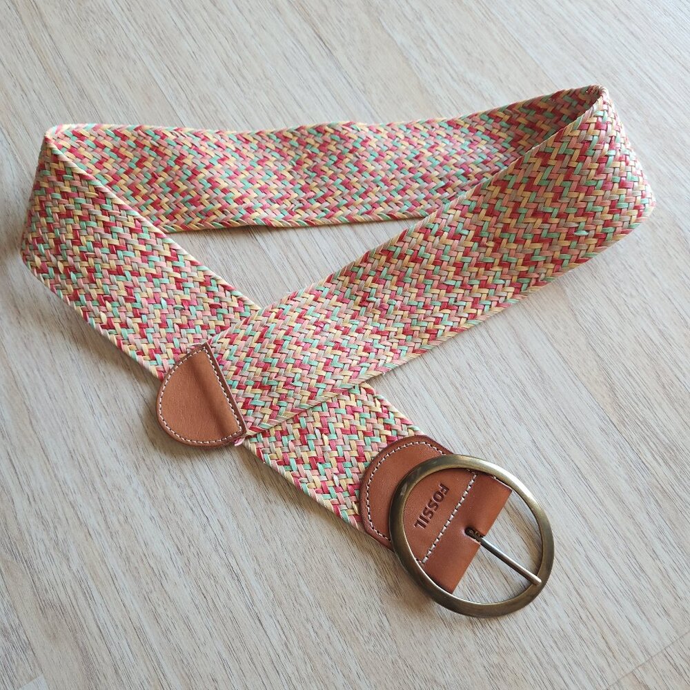Fossil 2.5" Wide Island Weave Multicolor Leather Braided Belt Brass Buckle