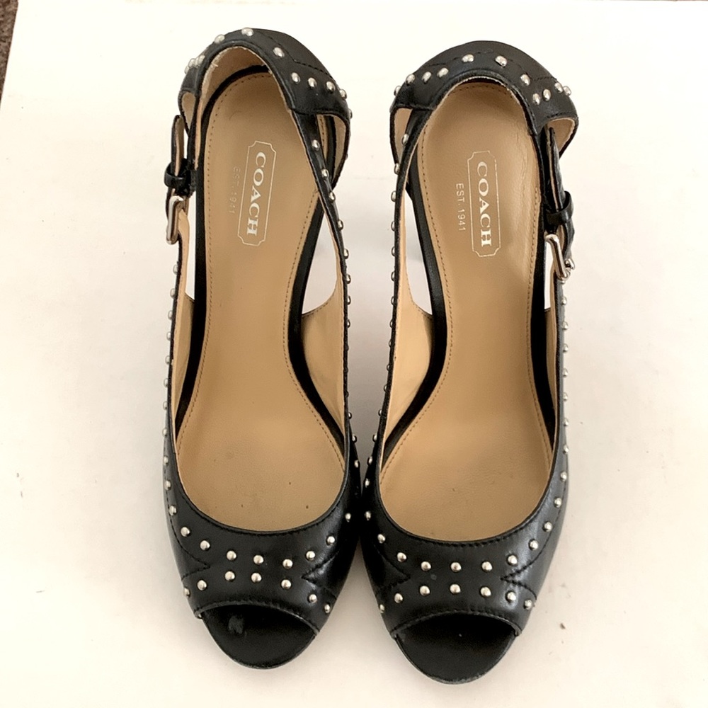 Coach Billee Black Leather Studded Peep Toe Heels Pumps