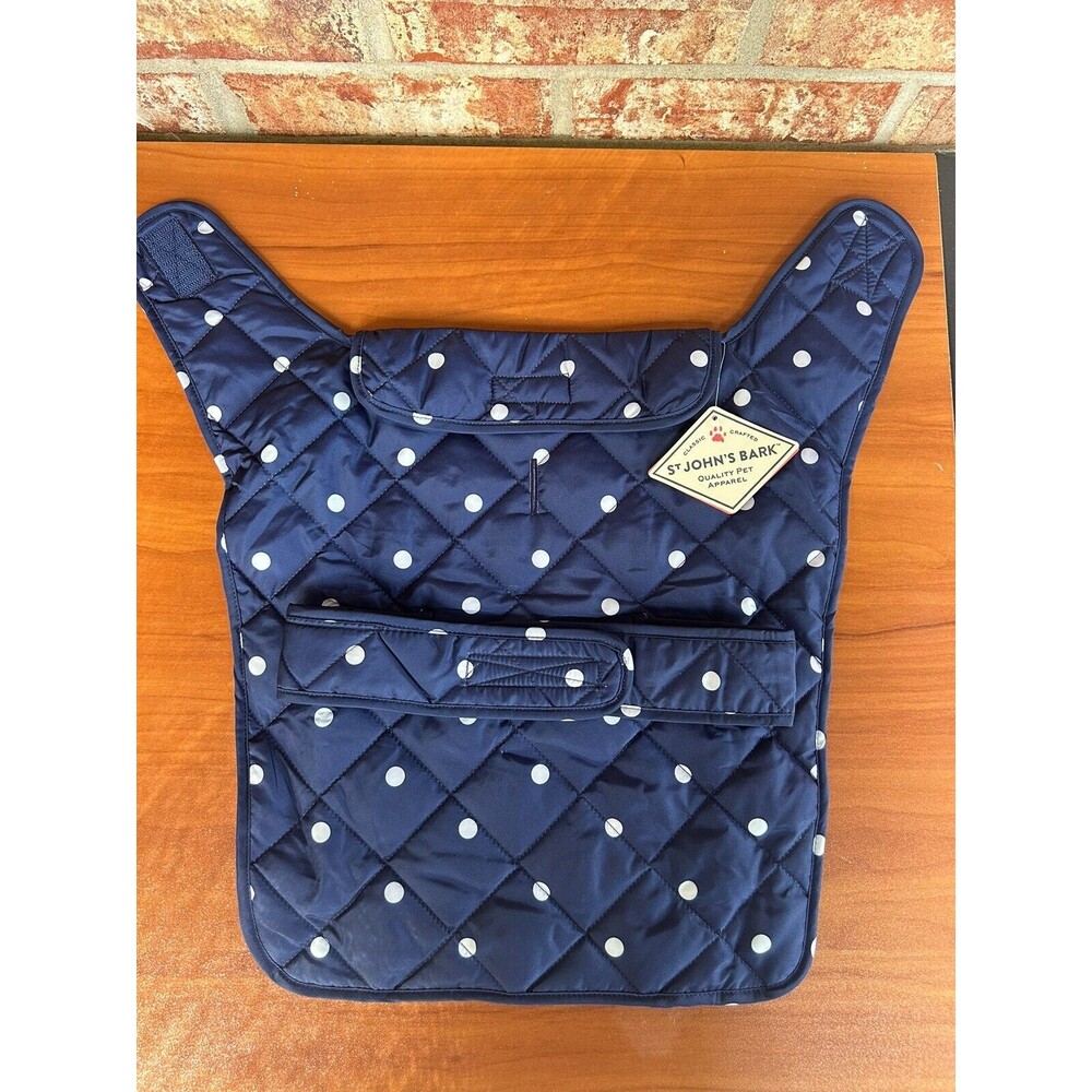 St Johns Bark Pet Apparel Dog Jacket Quilted Vest Large Navy Blue Polka Dot Med