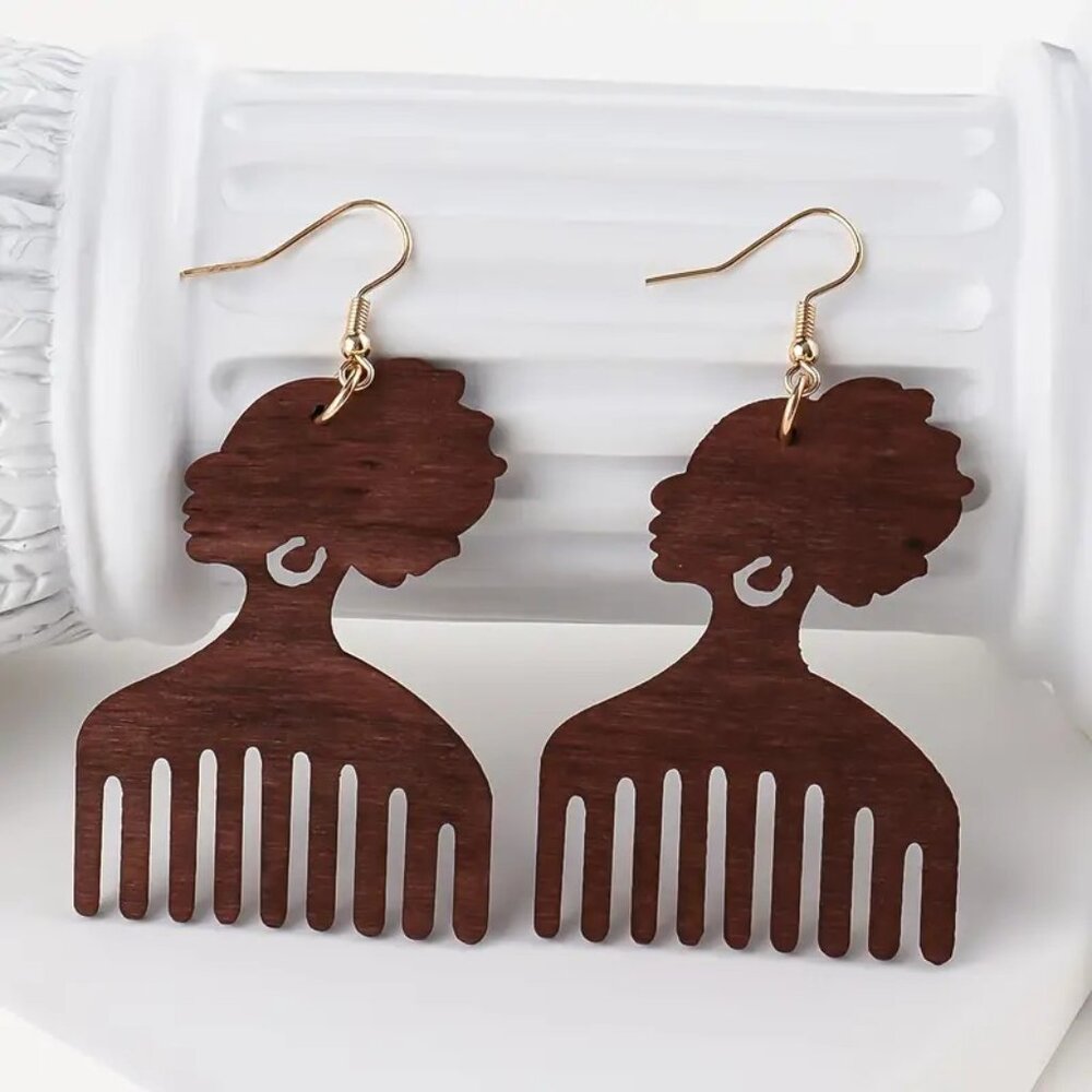 Wooden Afro Comb Earrings Rustic Bohemian Style, Exaggerated Statement
