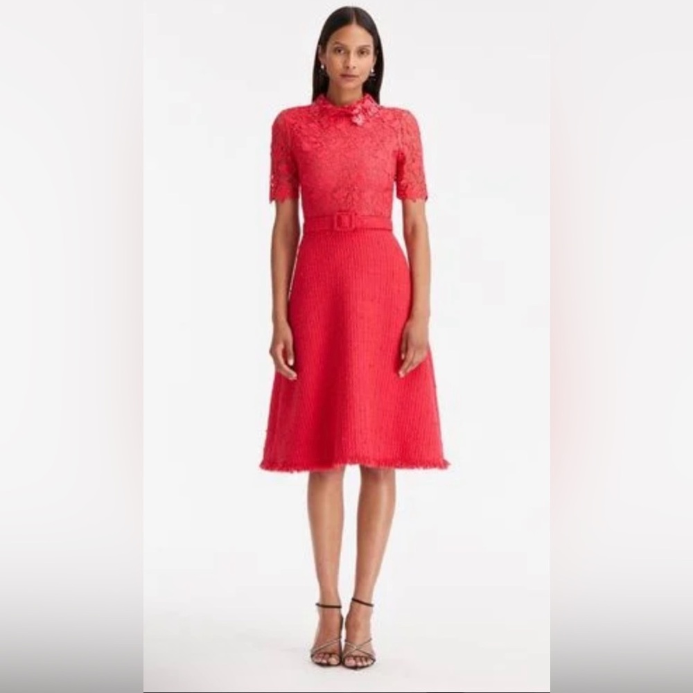 Oscar de la Renta NWT Short-Sleeve Gardenia Guipure And Tweed Midi Dress - Picture 12 of 13