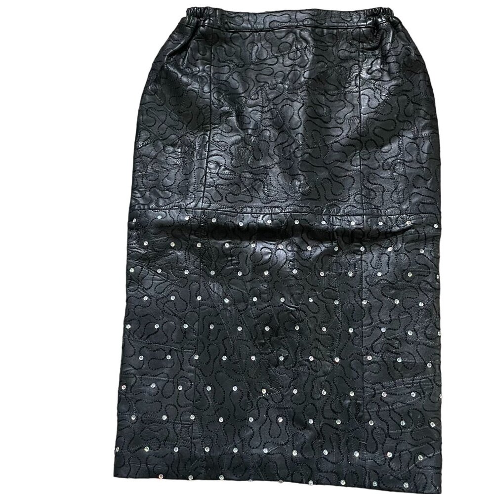 Leather Sequin Embroidered Straight Pencil Skirt Women Small Black Elegant