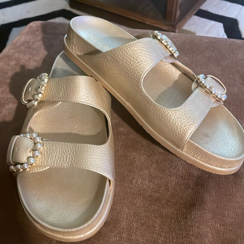 Stuart Weitzman Gold Sandal With Pearl Buckles