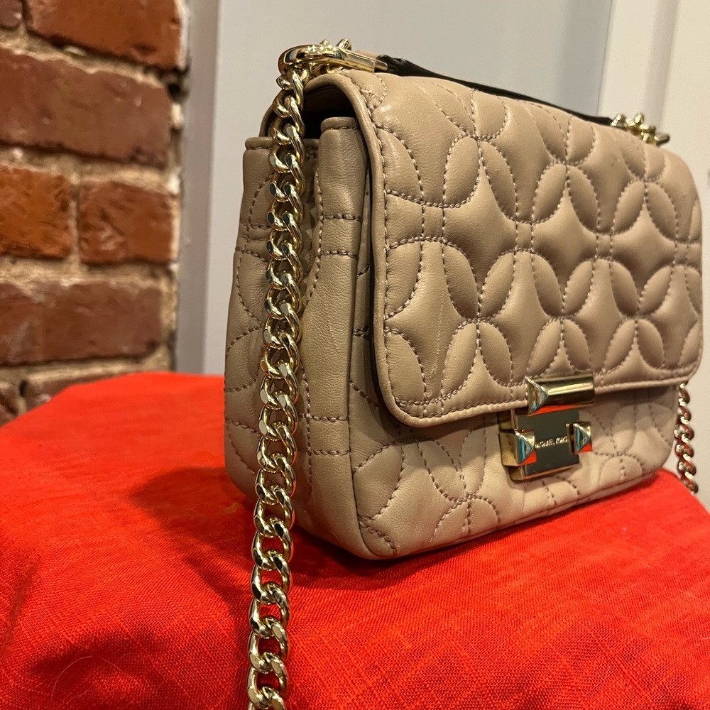 Michael Kors Sloan Small Quilted Purse Truffle Leather Shoulder Bag Gold Chain