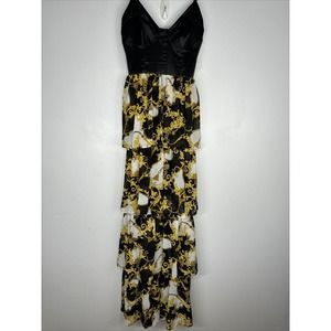 Hers & Mine Baroque Tiered Maxi Dress Sz Small black Yellow Gold NWT