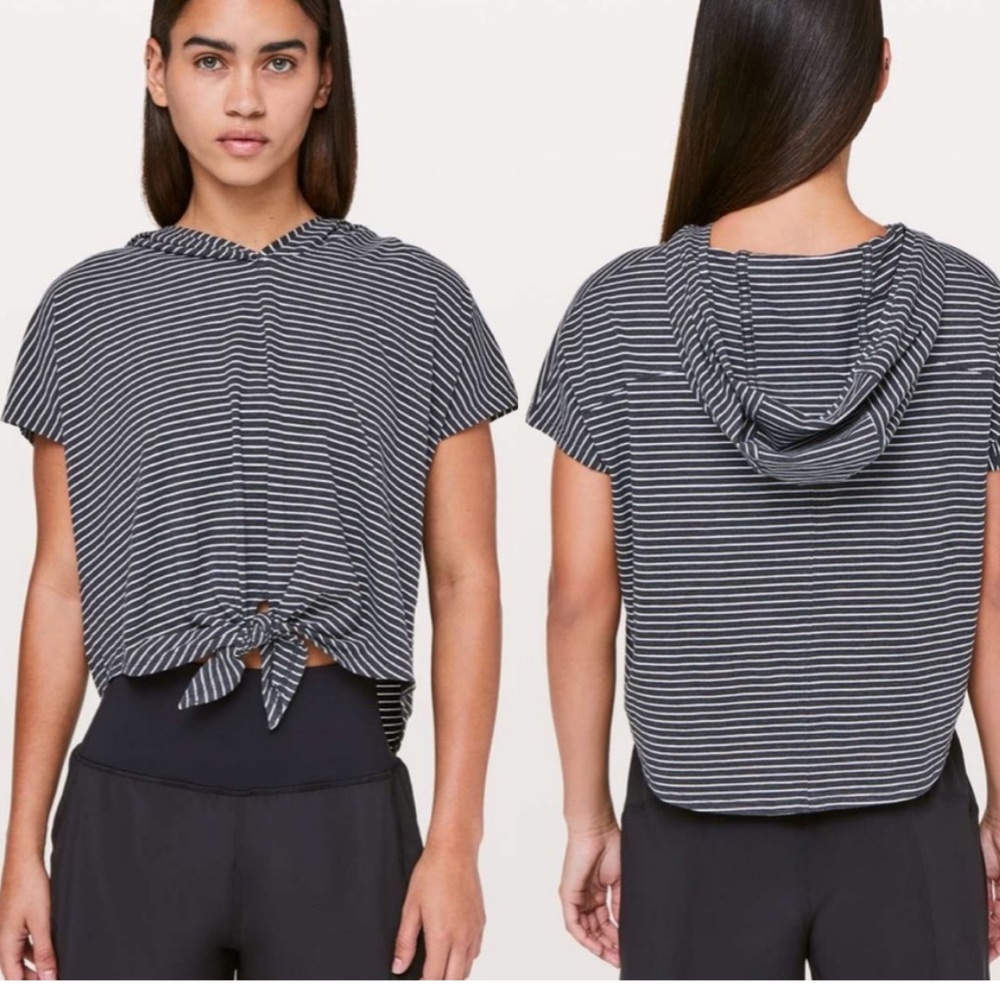 Lululemon Knot Gonna Fly Hoodie Striped Gray Tie Front Short Sleeve shirt 8