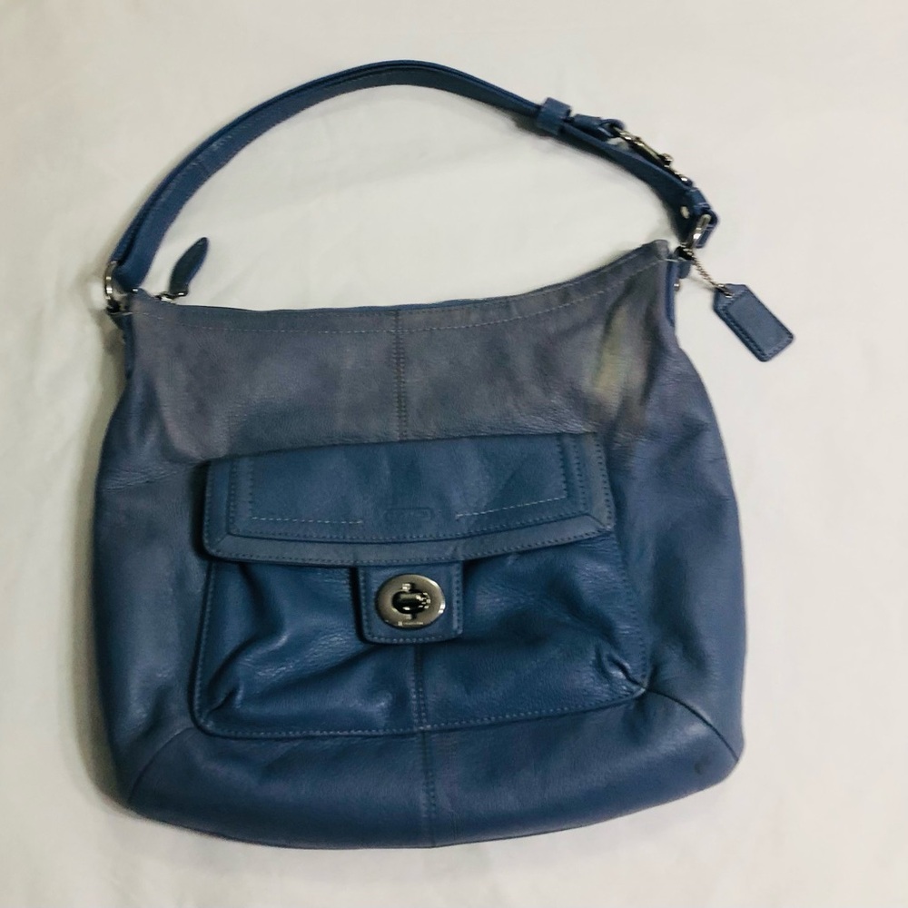 Coach women’s shoulder leather bag four pockets blue. 14”X 12”