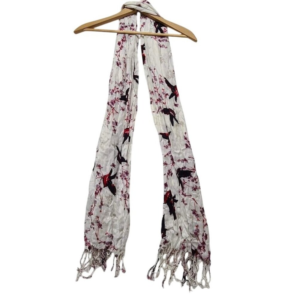 Womens Scarf Shawl Wrap White Floral with Red Black Birds Tassels Rayon