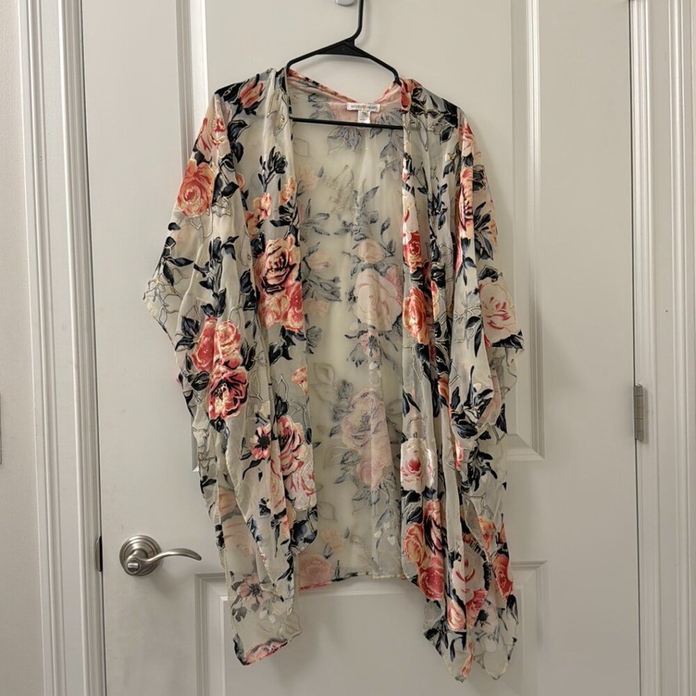 Floral Sheer Kimono with Velvet Rose Embroidery – Elegant & Lightweight