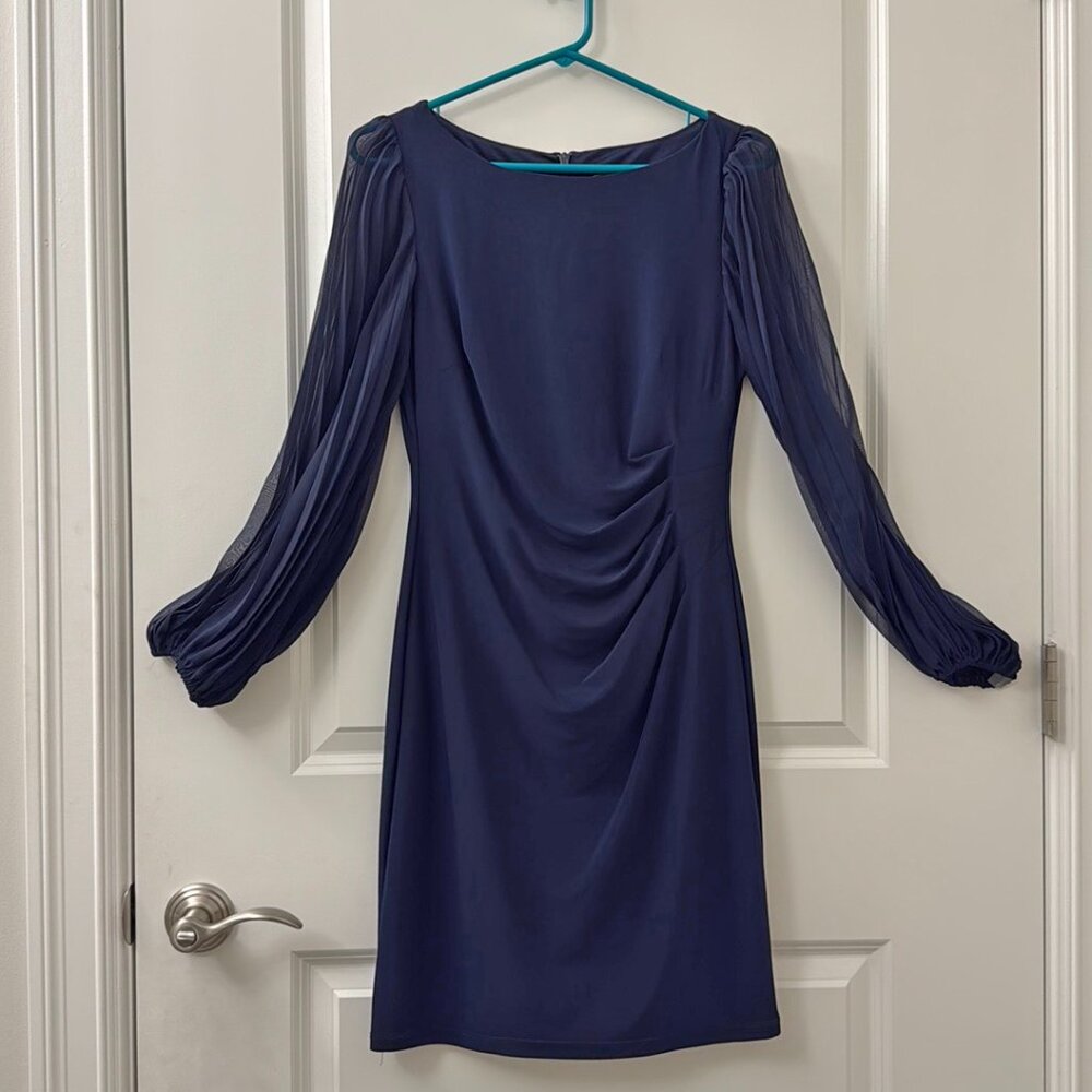 Navy Blue Sheath Dress with Pleated Chiffon Sleeves – Petite Size