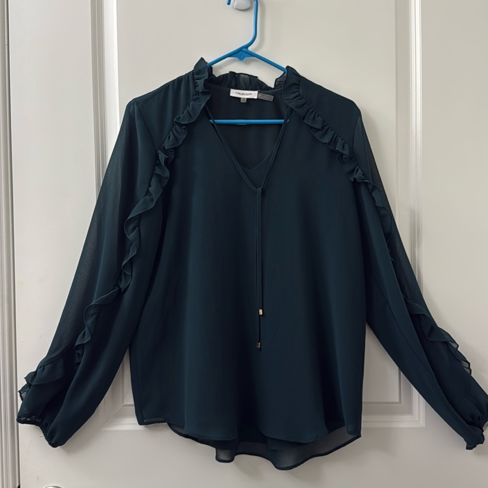 Calvin Klein Green Ruffle V-Neck Blouse with Sheer Sleeves