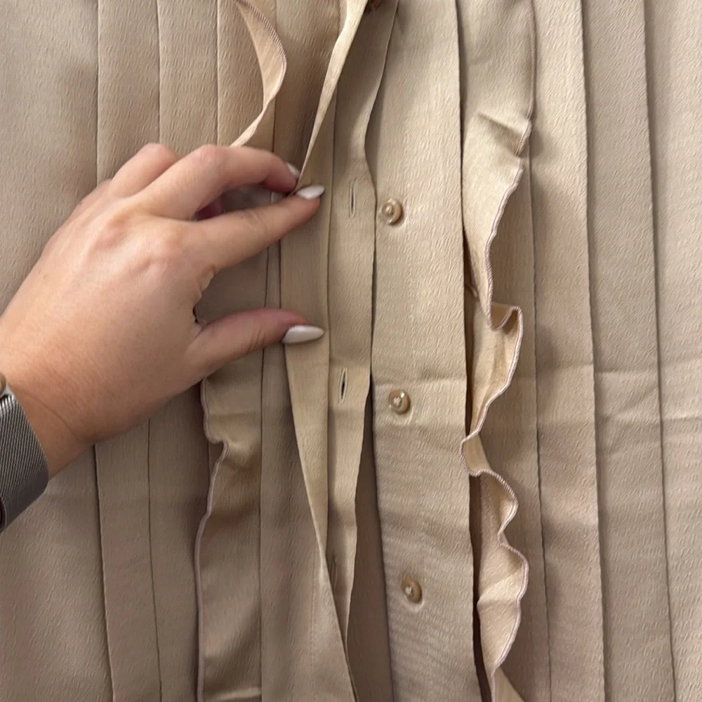 Express Gold Satin Ruffle Blouse with Pleated Front – Size M - Picture 2 of 4