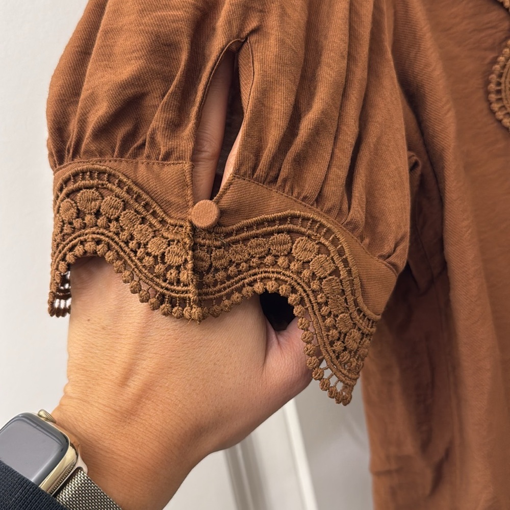 Boho Chic Brown Puff Sleeve Top with Lace Trim – Size M - Picture 3 of 5