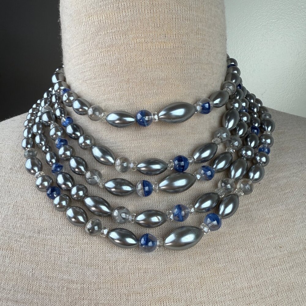 Vintage Multi-Strand (5) Gray Faux Pearl & Clear Glass Bead Necklace