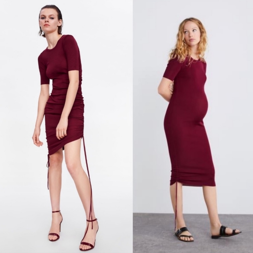 Zara Ribbed Burgundy Midi Dress Adjustable Side Strings Small - Picture 2 of 13