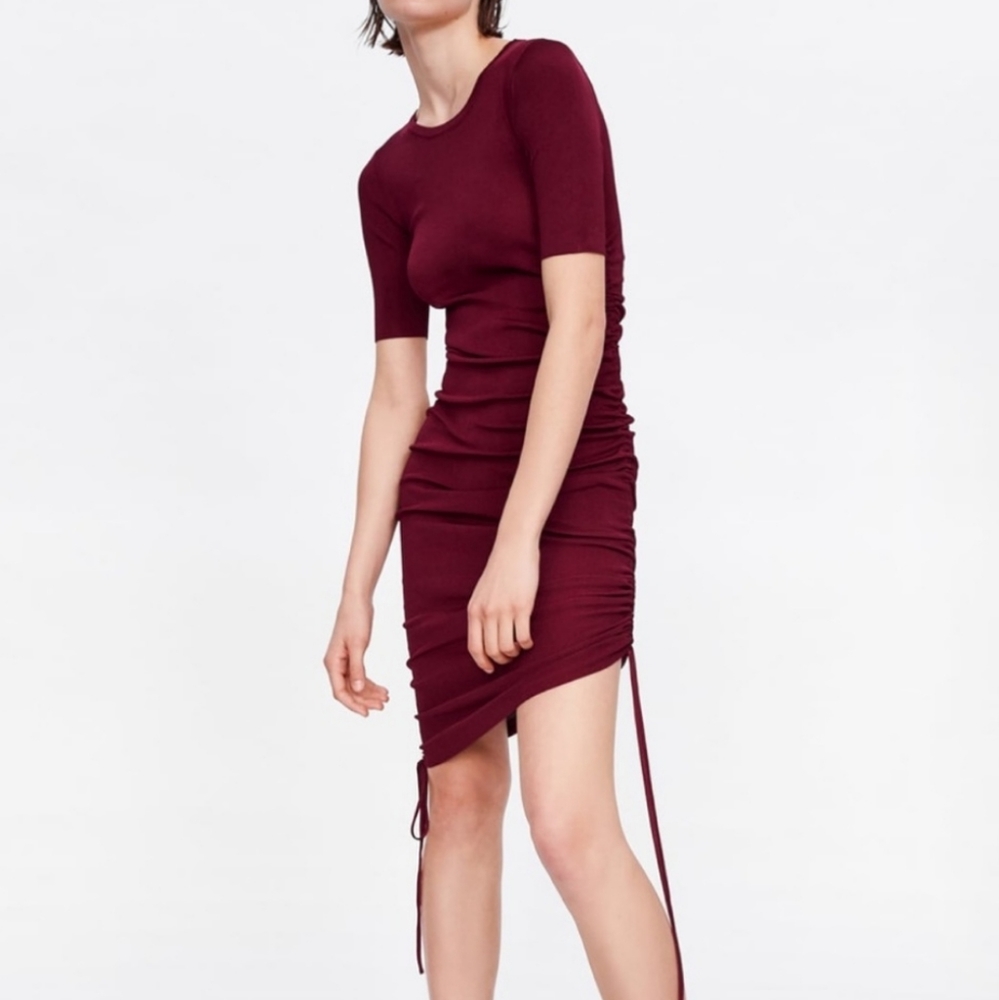 Zara Ribbed Burgundy Midi Dress Adjustable Side Strings Small