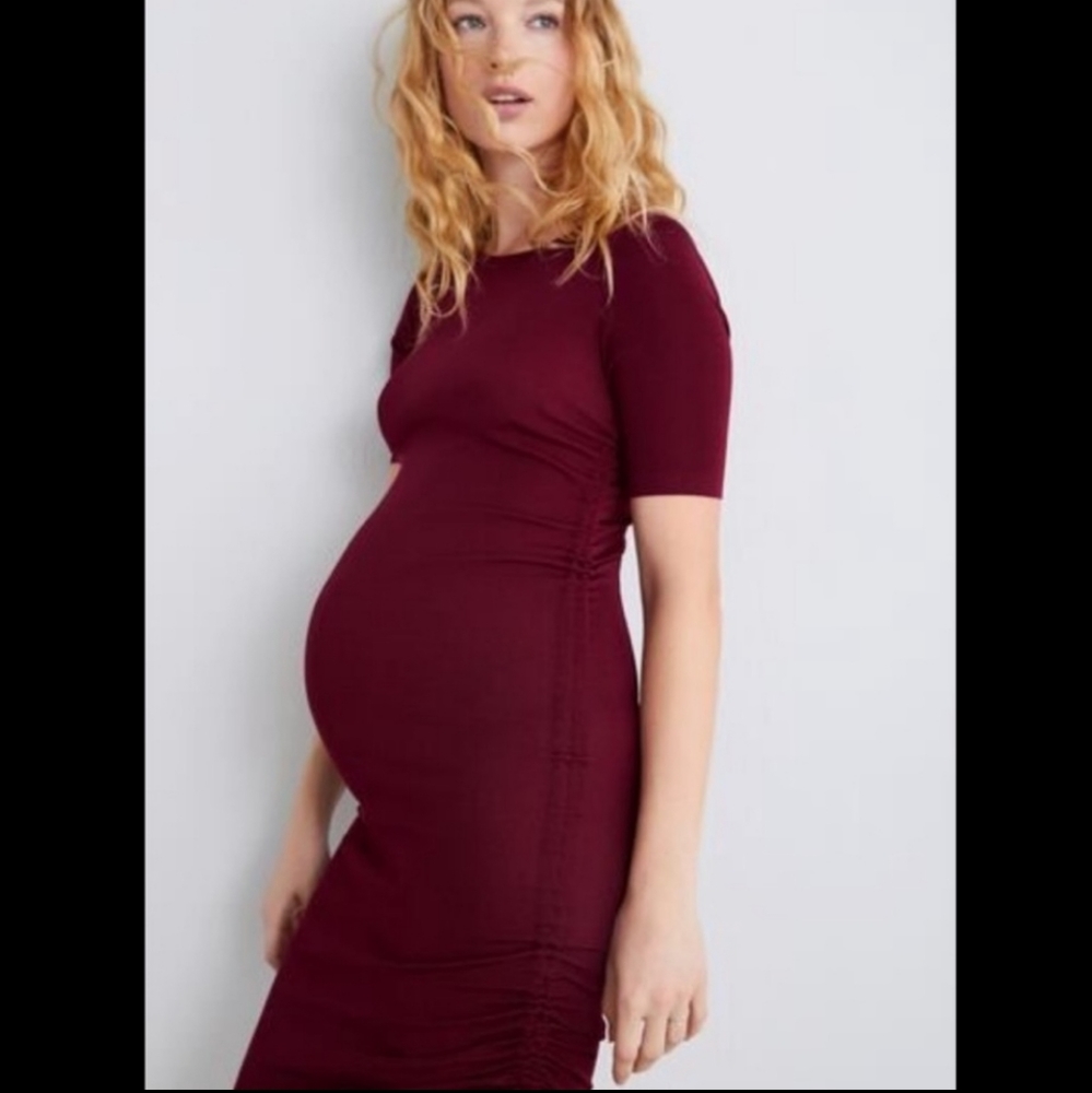 Zara Ribbed Burgundy Midi Dress Adjustable Side Strings Small - Picture 3 of 13