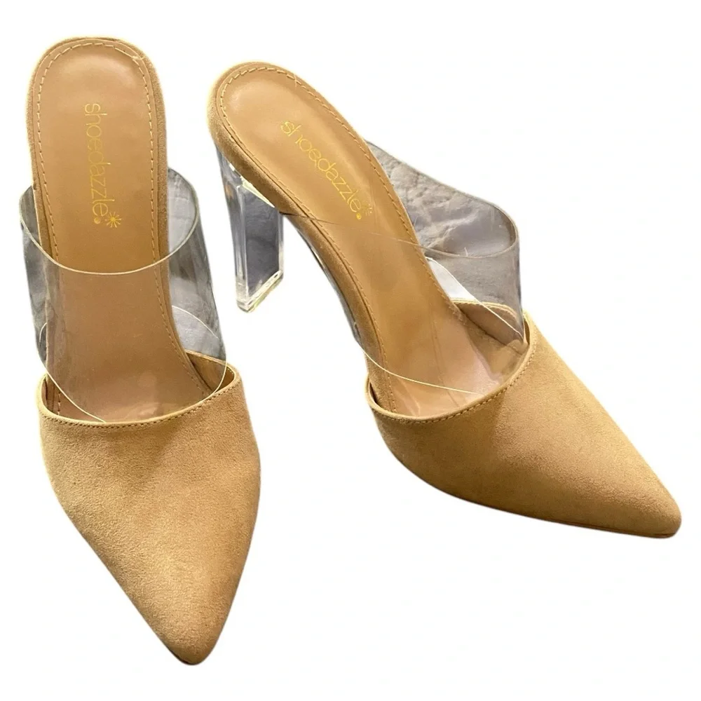 Shoe Dazzle Cream Mules with Pointed Toe and Sculptural Clear Heel Sz 8 - Picture 1 of 8