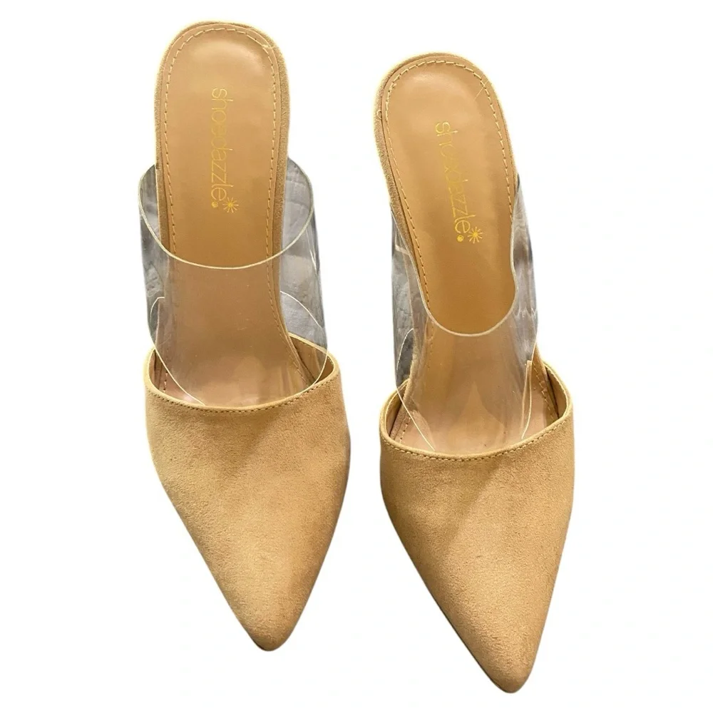 Shoe Dazzle Cream Mules with Pointed Toe and Sculptural Clear Heel Sz 8 - Picture 3 of 8
