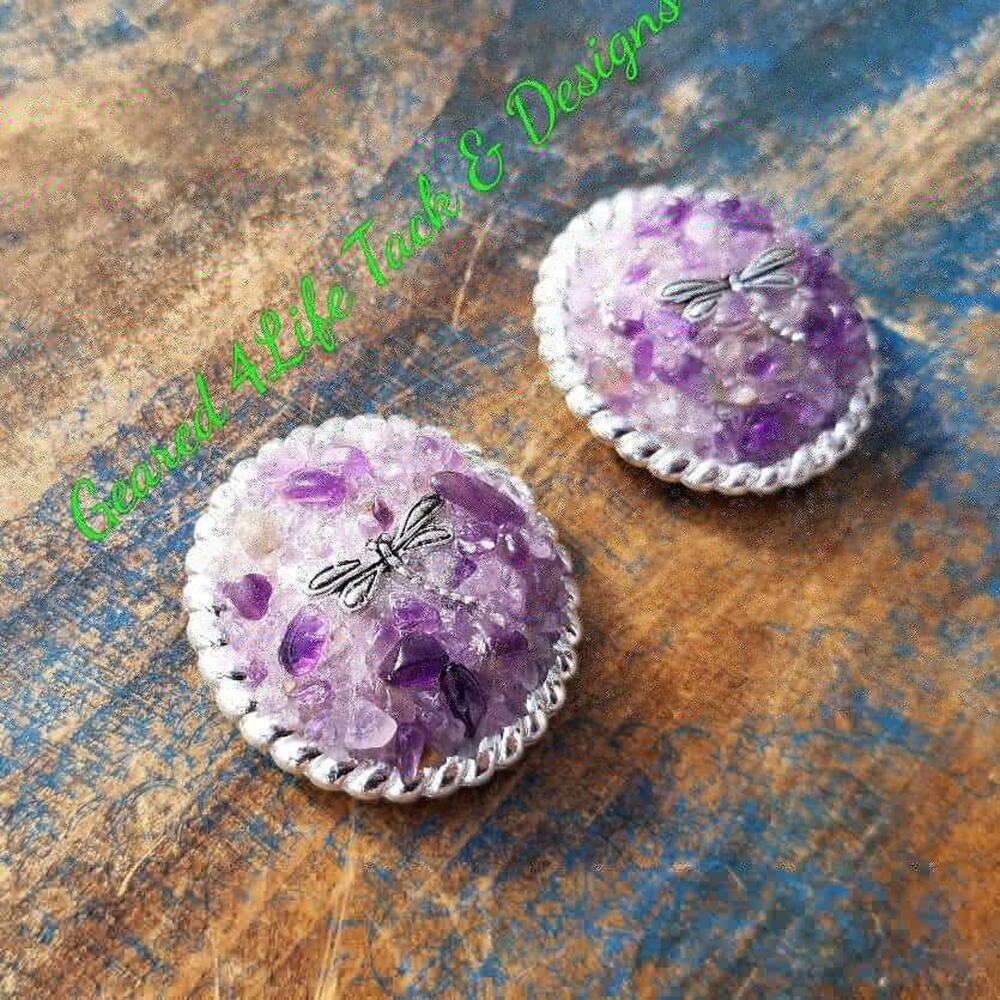 Round amethyst bridle concho, Draggonfly gemstone inlay bridle rosettes, Saddle