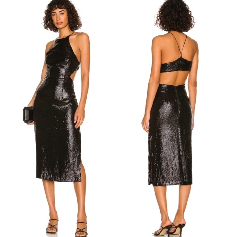 Bardot Easton Sequin Midi Dress Black sz US 2 New Nwot cut out backless