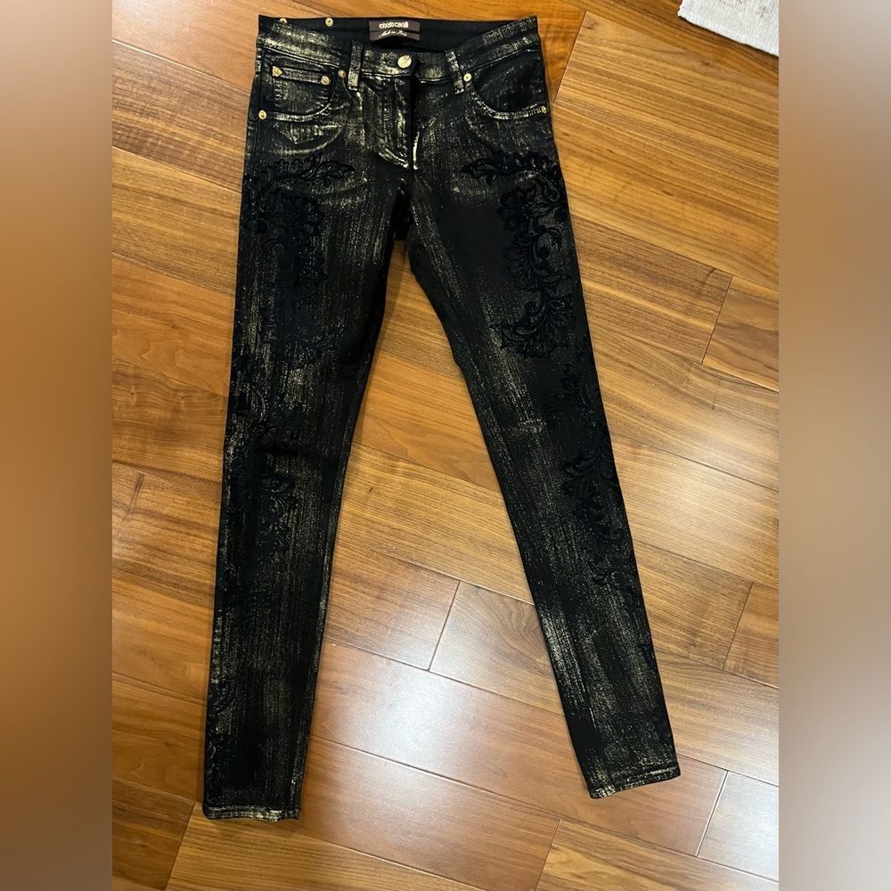 Roberto Cavalli black and gold flocked jean size 38 (US4)