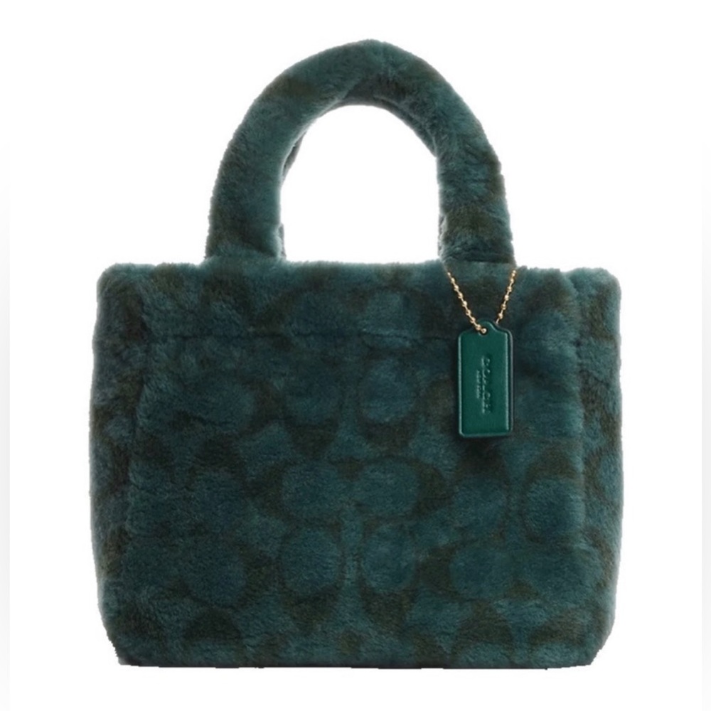 New Coach Small Tote Crossbody Bag in Shearling & Smooth Leather Gold/Green