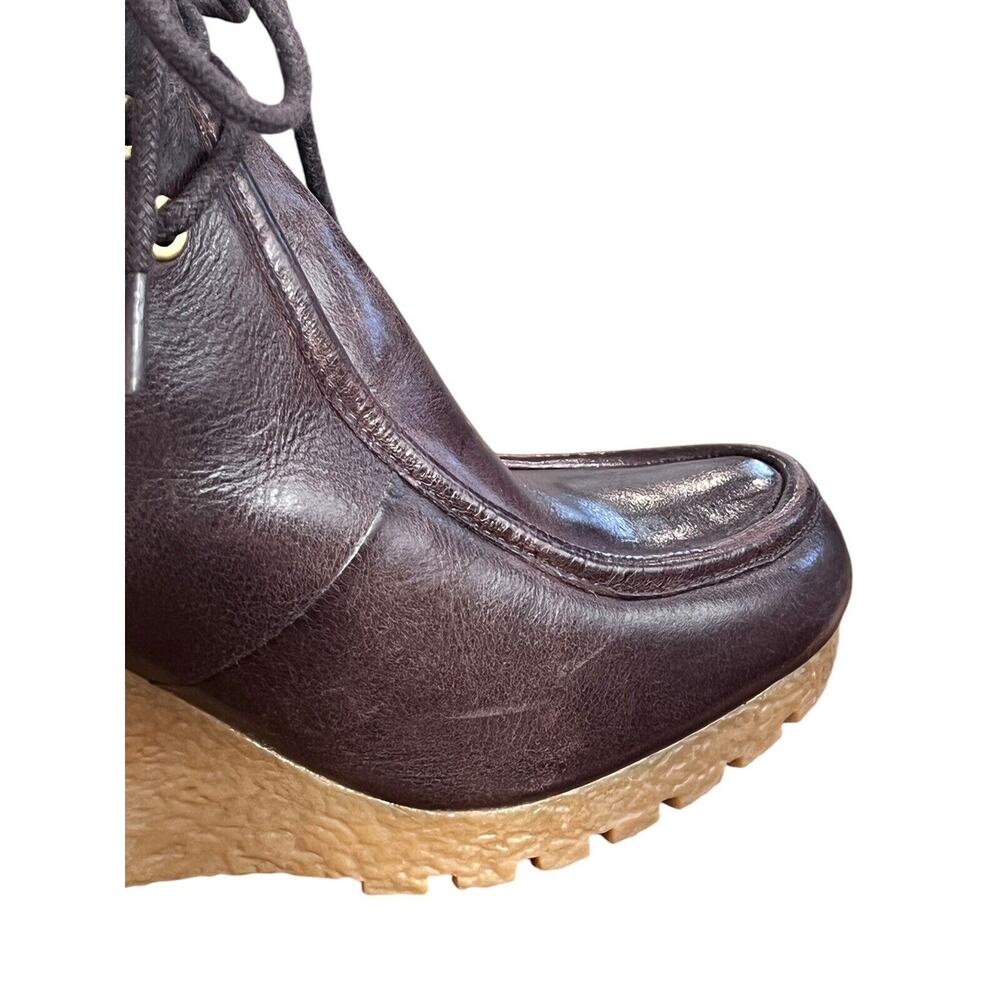 Size 7.5 Michael Kors Rory Wedge Booties Brown Leather Ankle Boots Lace Up - Picture 13 of 16