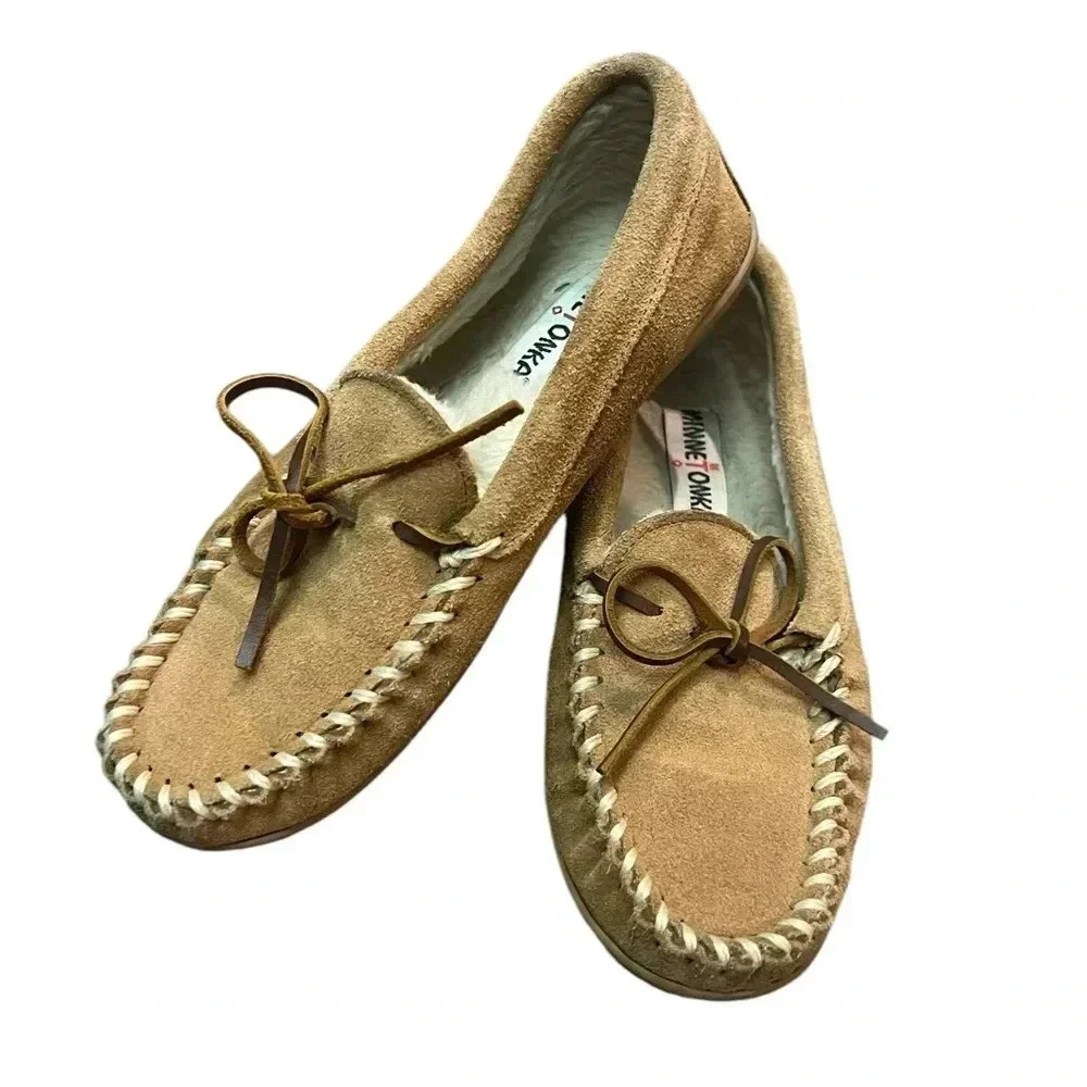 Minnetonka leather faux fur moccasin house slipper comfort size 7 women’s shoe