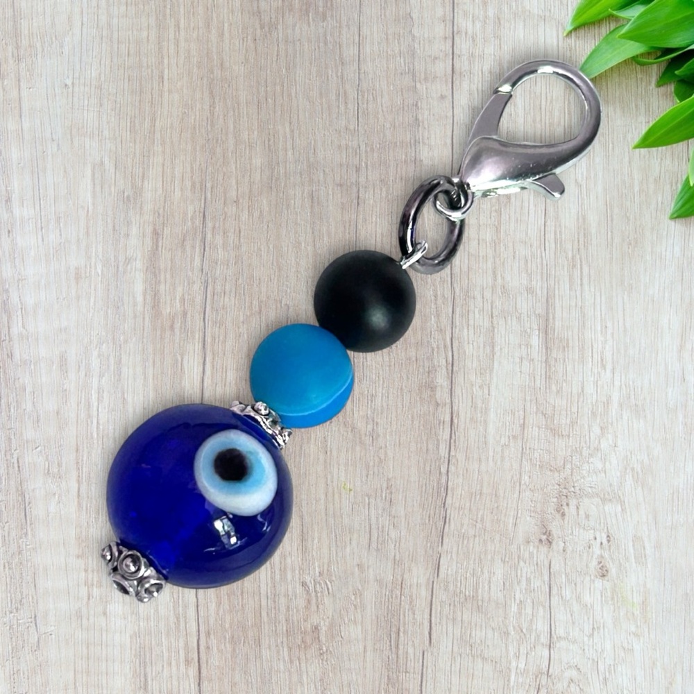 Hand Crafted Purse Pet Charm Onyx Blue Agate  Glass Ball Evil Eye Matte Star