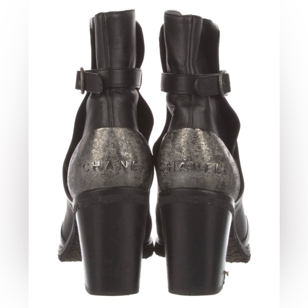 Chanel black leather ankle silver logo boots