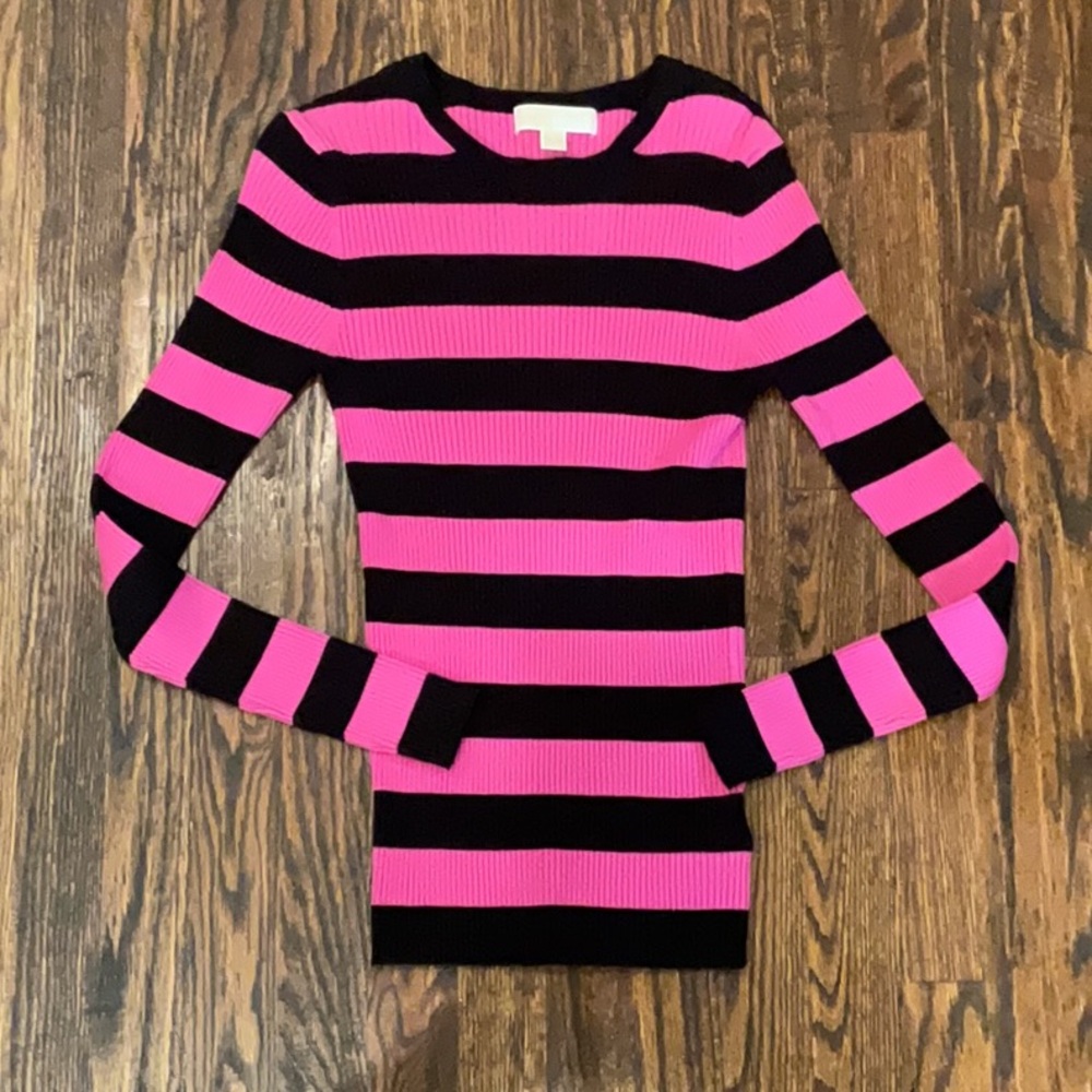 MICHAEL Michael Kors Crew Neck Pink and Black Striped Sweater