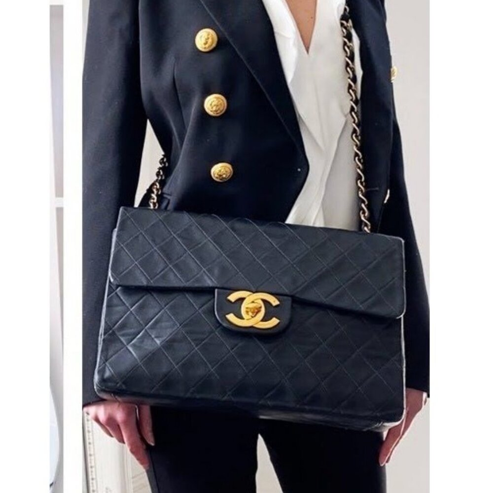 Authentic CHANEL Jumbo Maxi XL 24K Gold Flap Bag Lambskin Chain Shoulder Black