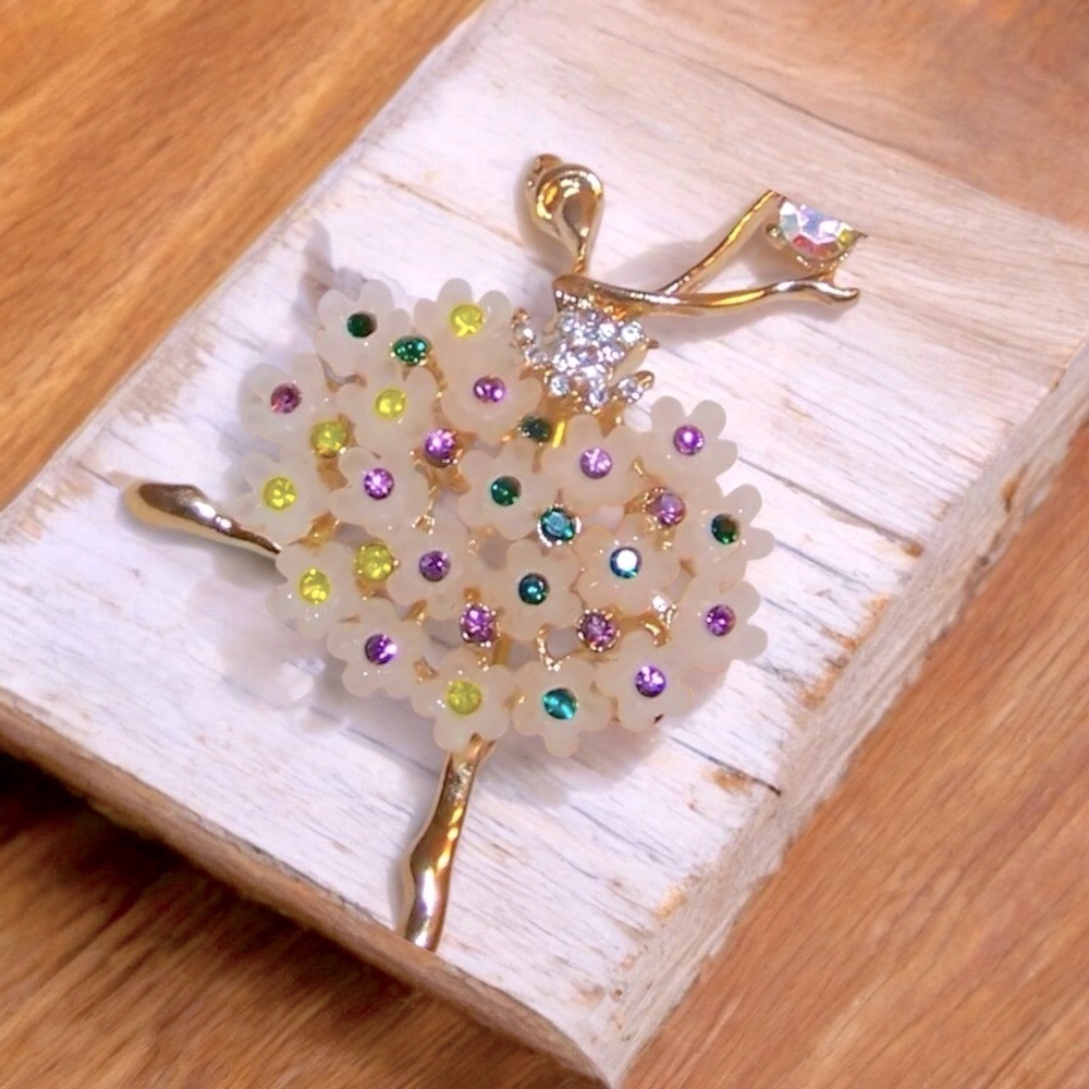 Ballerina Multi Color Crystal, Pink Acrylic Flowers, & Gold Alloy Dancer, Brooch