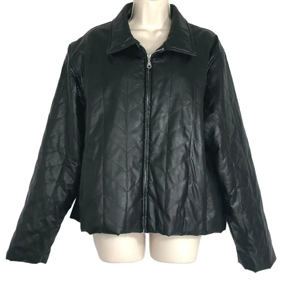 Carolina Colours Jacket Full Zip Faux Vegan Leather Women Size XL Black Long Slv