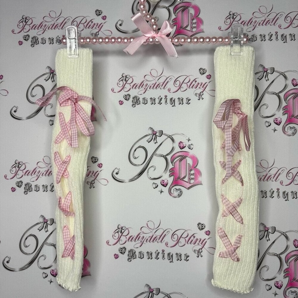 Leg warmers ribbon🎀 bow lace up corset style gingham Pink and White Leg Warmers
