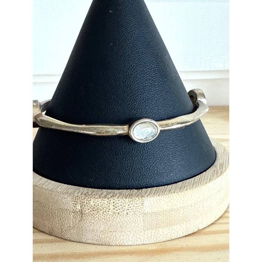 Gold Tone Metal Bangle Bracelet with White and Clear Spacers 8"