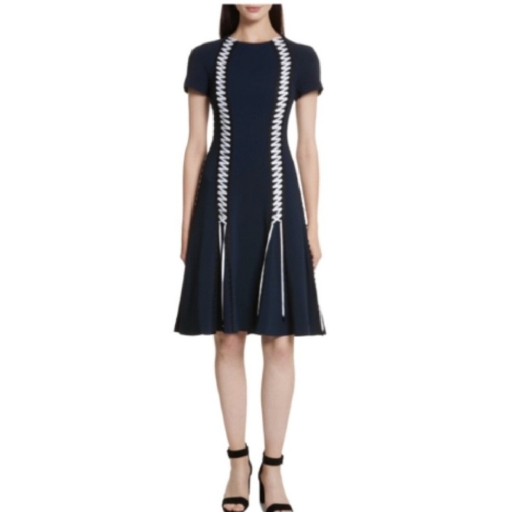 Jonathan Simkhai Size 4 Navy Lace Up Short Sleeve Fit & Flare Dress