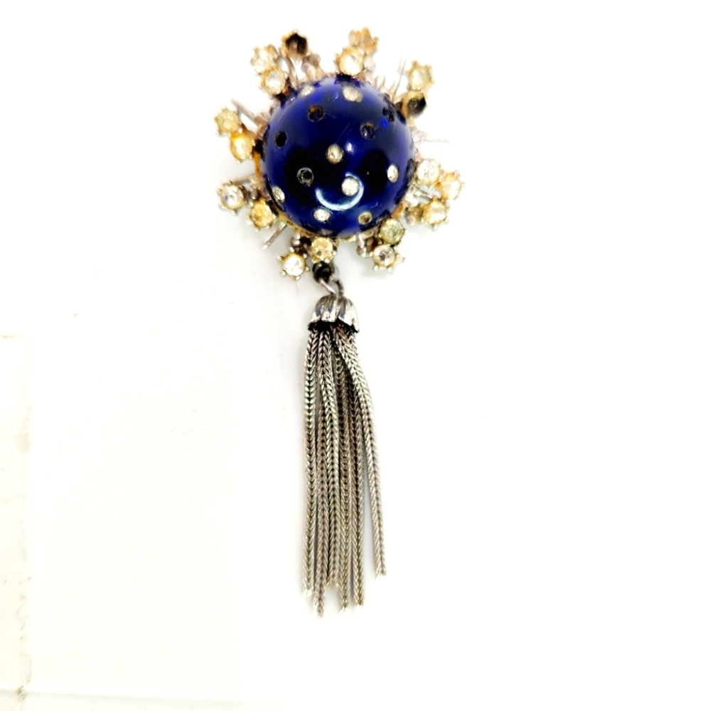 Vintage Mid-Century Space Age Atomic Dome Metallic Cobalt Blue Glass Brooch Pin