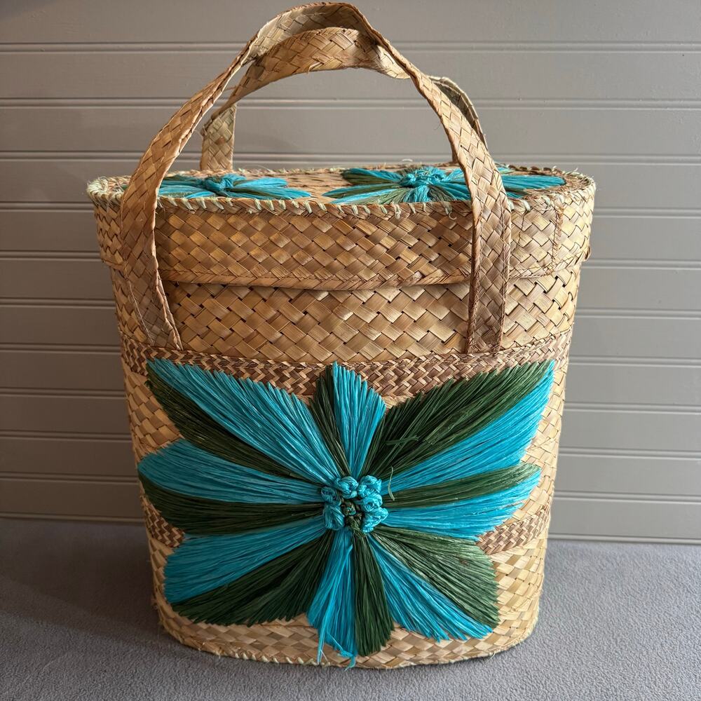 Vintage MCM Mid Century 50s 60s Raffia Basket Tote Bag Lined Retro Large 16"